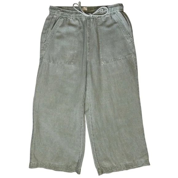 JOIE Green Linen Lyocell Wide Leg Crop Pants Drawstring Elastic Waist L Coastal - Picture 2 of 8